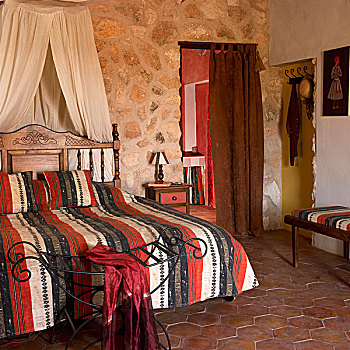 双人床,篷子,正面,天然石,墙壁,地中海,卧室