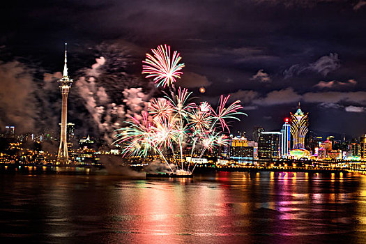 澳门,海面,夜景,灯光,烟花