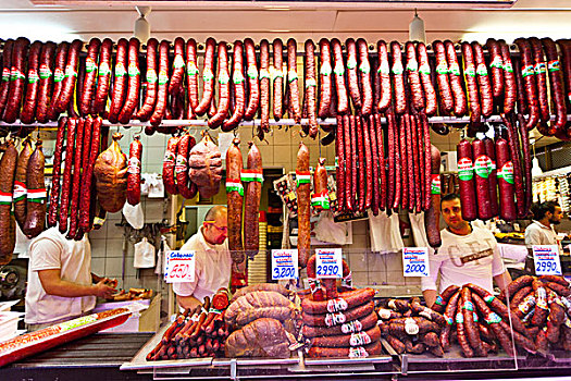 意大利腊肠,香肠,展示,中央市场,布达佩斯