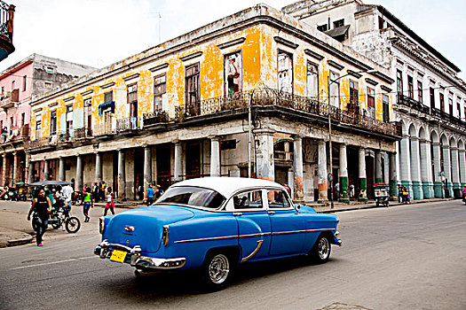 古巴,哈瓦那,经典,蓝色,汽车,殖民地,建筑,哈瓦那旧城,世界遗产,使用,只有