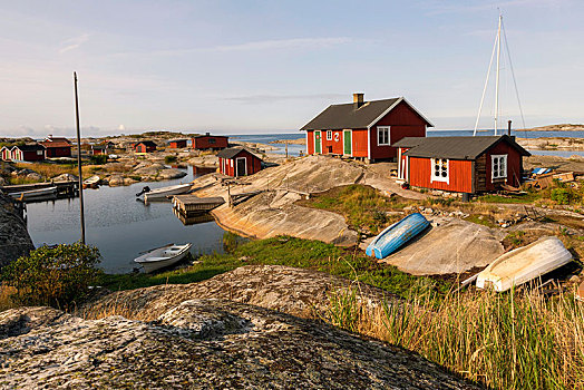 红色,木屋,岩石海岸,斯德哥尔摩群岛,群岛,岛屿,瑞典,欧洲