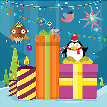 寒假,矢量,概念,设计,圣诞树,玩具,礼盒,灯光,蜡烛,花环,企鹅,圣诞帽,飞,猫头鹰,红腹灰雀,圣诞节,新年,庆贺