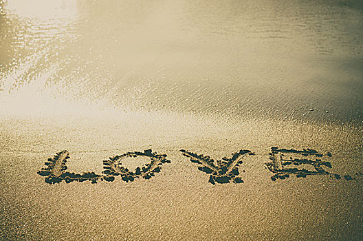 爱情,文字,海滩,沙子,靠近,海洋,旧式,暗色图象