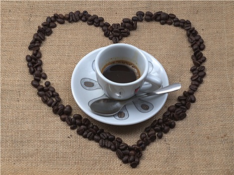 杯子,浓咖啡,咖啡,心形,咖啡豆