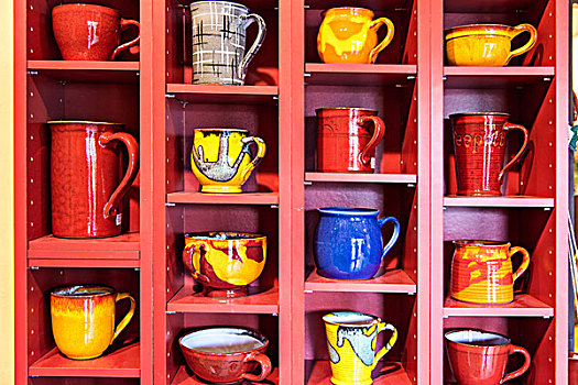 红色,架子,不同,色彩,陶瓷,杯子