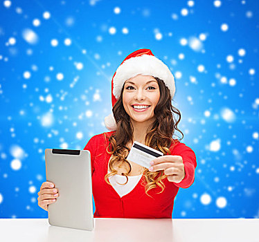 圣诞节,科技,购物,人,概念,微笑,女人,圣诞老人,帽子,平板电脑,电脑,信用卡,上方,蓝色,雪,背景