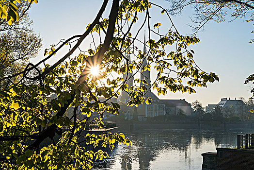 波兰,弗罗茨瓦夫,河,风景,大教堂