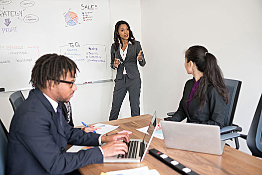 商务人士,职业女性,会议室,站立,正面,解释,商务,策略