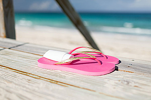 海滩,夏天,假期,配饰,概念,特写,防晒霜,拖鞋,海边