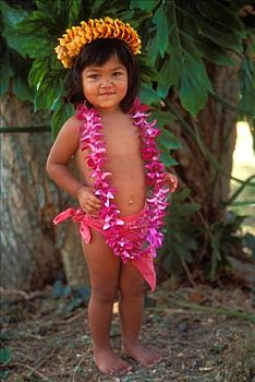小,夏威夷,女孩,沙滩裙,花,花环