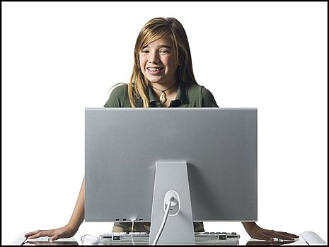 女孩,牙套,站立,后面,电脑显示器