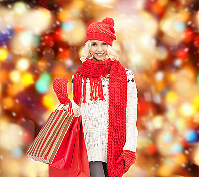 休假,销售,圣诞节,概念,美女,少女,冬天,衣服,购物袋