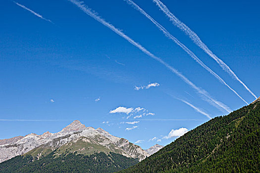 山,风景,水汽,小路,飞机,蓝色,天空,佐伊斯,格劳宾登州,瑞士,欧洲
