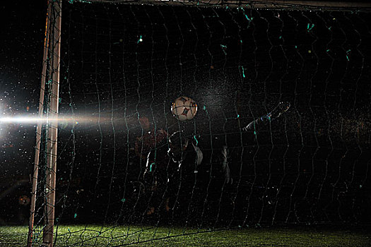 足球,球门,守门员,夜晚,落下,雨