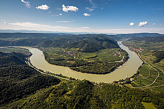 航拍,多瑙河,弯曲,下奥地利州,奥地利,欧洲