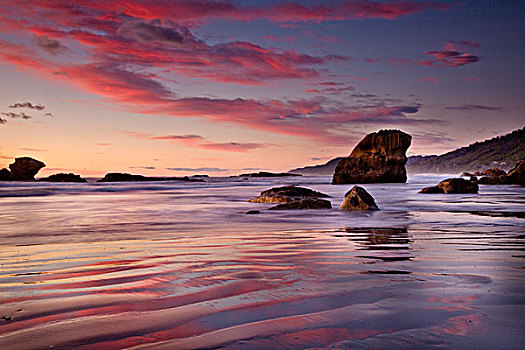 日落,海滩,北方,帕帕罗瓦国家公园,新西兰