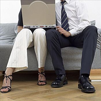 坐,夫妇,笔记本电脑