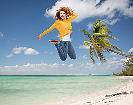 暑假,旅行,旅游,自由,人,概念,微笑,少妇,跳跃,空中,上方,热带沙滩,背景