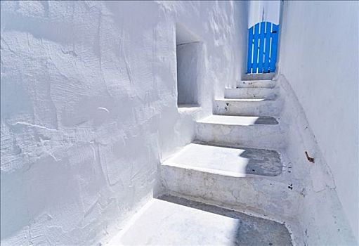 白色,楼梯,蓝色,木门,帕罗斯岛,基克拉迪群岛,希腊,欧洲