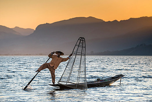 腿,划船,渔民,茵莱湖,山,背景