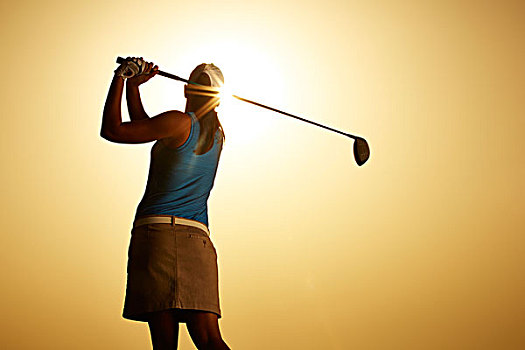 太阳,发光,后面,女人,晃动,高尔夫球杆
