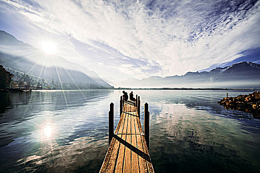 情侣,边缘,码头,上方,晴朗,平和,湖,瑞士