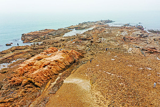 航拍山东青岛太平湾海岬角礁石林立