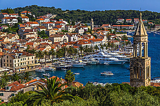 游艇,码头,老城,赫瓦尔岛,教堂钟,塔,右边,夏娃岛,克罗地亚