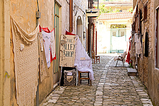 特色,小巷,编织,桌子,布,纪念品,塞浦路斯,莱夫卡拉乡村,希腊,欧洲