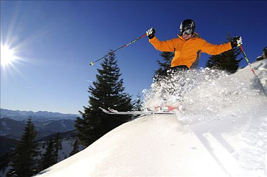 滑雪者,滑雪,滑雪道,山,巴伐利亚阿尔卑斯山,巴伐利亚,德国,欧洲