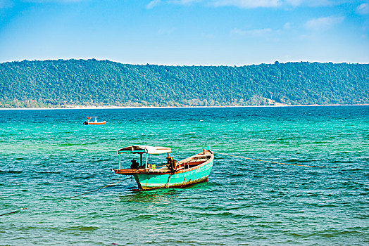 传统,长尾船,蓝绿色海水,长滩,乡村,苏梅岛,岛屿,西哈努克城,柬埔寨,亚洲