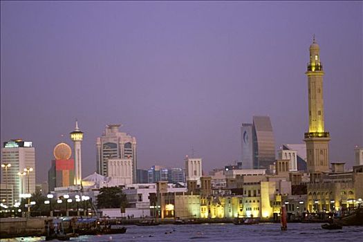 阿联酋,迪拜,德伊勒,建筑,海边,黄昏
