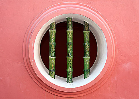 圆形,开着,红色,建筑外观,竹子