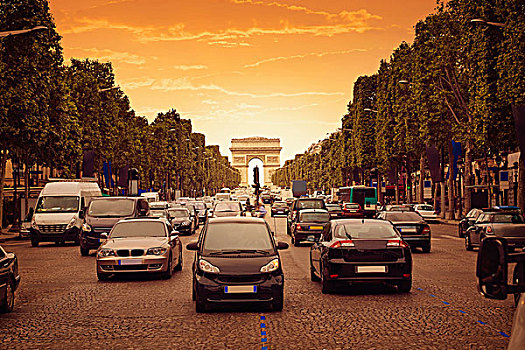 拱形,巴黎,凯旋门,交通,日落,法国