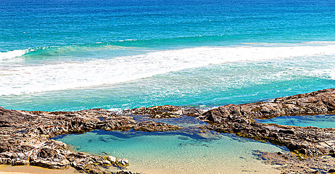 澳大利亚,弗雷泽岛,海滩,靠近,石头,波浪,海洋