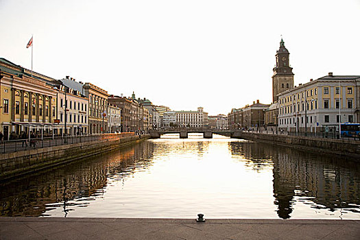 风景,港口,运河,教堂塔,黄昏,老城,哥德堡,瑞典