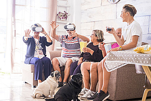 老人,白发,男孩,两只狗,客厅,玩,消费,时间,一起,聚会,家庭,在家,友谊,乐趣,虚拟现实,护目镜,耳机,科技