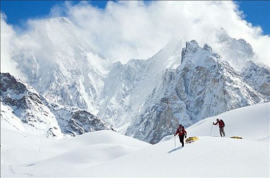 滑雪者,拖拉,雪撬,冰河,喀喇昆仑山,巴基斯坦