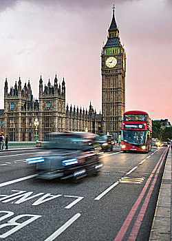 出租车,红色,双层巴士,威斯敏斯特桥,大本钟,威斯敏斯特宫,动感,日落,伦敦,英格兰,英国