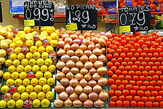 柠檬,洋葱,西红柿,市场货摊,巴塞罗那,西班牙
