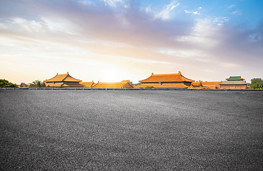 汽车广告背景,沥青路面和中国古代宫殿
