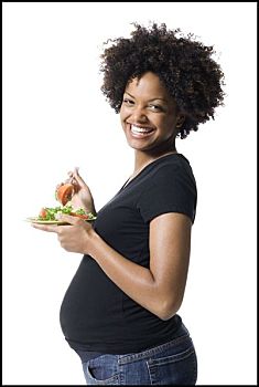 肖像,孕妇,拿着,盘子,沙拉