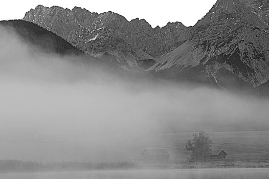 云雾,脚,山,岸边,湖,两个,干草,谷仓,前景