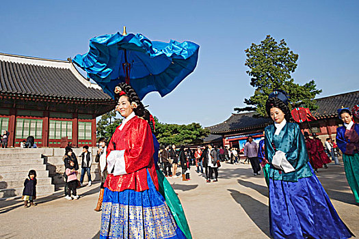韩国,首尔,景福宫,历史再现,展示,国王,皇后,漫步,宫殿广场