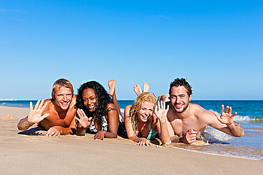 群体,四个,朋友,男人,女人,海滩,许多,有趣,度假