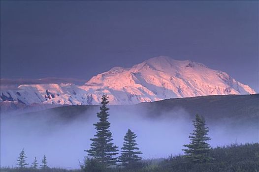 麦金立山,上方,旺湖,晨雾,德纳里国家公园,夏天