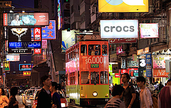 城市,有轨电车,铜锣湾,夜晚,香港