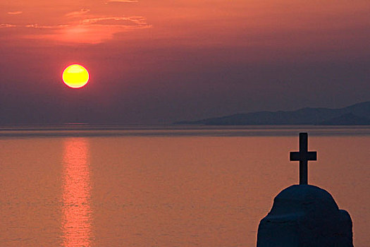 希腊,米克诺斯岛,日落,剪影,希腊正教,十字架,前景