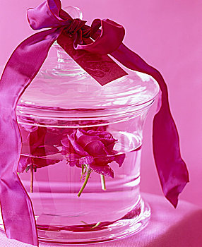 粉色,玫瑰,漂浮,玻璃,罐,装饰,丝带