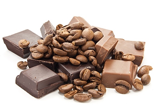 堆积,咖啡,咖啡豆,巧克力,白色背景